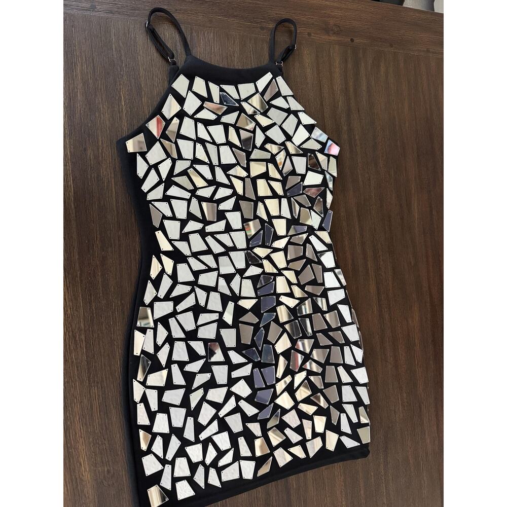 Glam Mirror Mosaic Sequin Dress Womens S/M Black Disco Party Club Festival - Picture 2 of 8